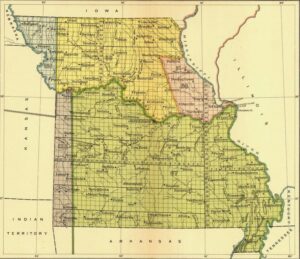 A map of Missouri showing principal cities, original survey lines and regions ceded by the Native American tribes. The region south of the Missouri River from near Independence, marked in green, was ceded by the Osage Indians in 1808.